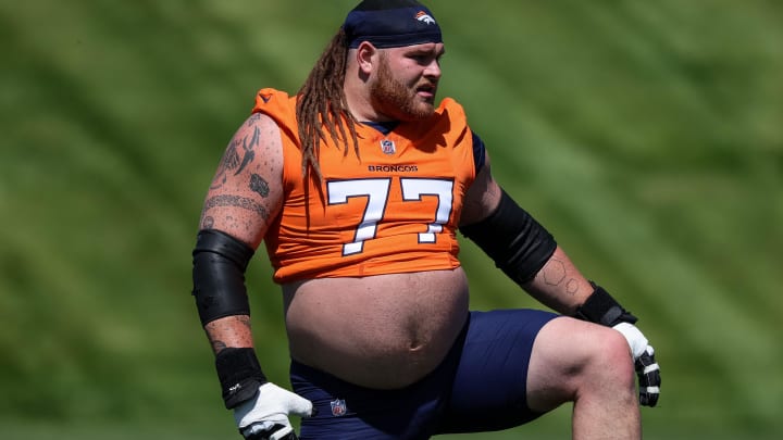 May 23, 2024; Englewood, CO, USA; Denver Broncos guard Quinn Meinerz (77) during organized team activities at Centura Health Training Center. Mandatory Credit: Isaiah J. Downing-USA TODAY Sports