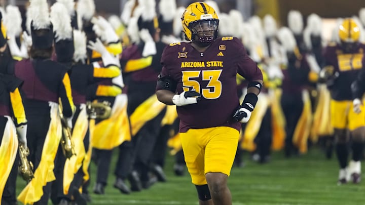 Nov 28, 2025; Tempe, Arizona, USA; Arizona State Sun Devils offensive lineman Josh Atkins (53) against the Arizona Wildcats during the 99th Territorial Cup at Mountain America Stadium. Mandatory Credit: Mark J. Rebilas-Imagn Images