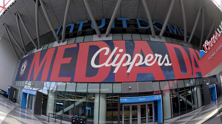 Detailed view of the main entrance of the Intuit Dome on Los Angeles Clippers media day. 