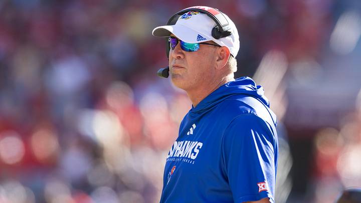 Nov 8, 2025; Tucson, Arizona, USA; Kansas Jayhawks head coach Lance Leipold against the Arizona Wildcats at Arizona Stadium. Mandatory Credit: Mark J. Rebilas-Imagn Images