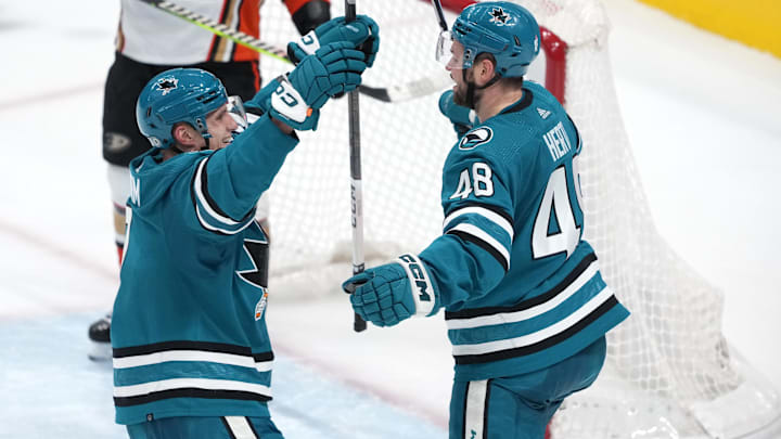 Jan 20, 2024; San Jose, California, USA; San Jose Sharks center Tomas Hertl (48) is congratulated by
