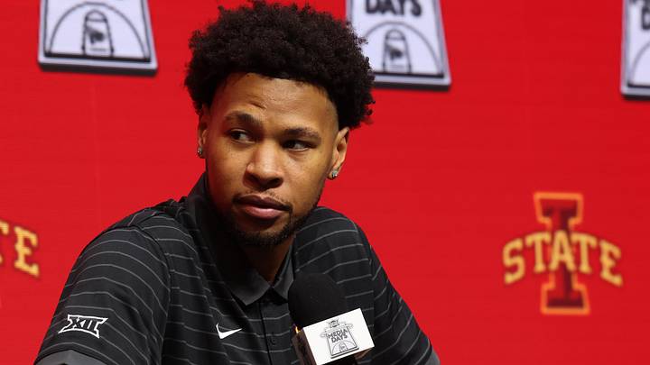 Oct 22, 2025; Kansas City, MO, USA; Iowa Stateís Joshua Jefferson speaks to media during Big 12 Menís Basketball media day at T-Mobile Center.