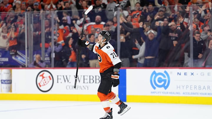 Apr 13, 2026; Philadelphia, Pennsylvania, USA; Philadelphia Flyers right wing Tyson Foerster (71) reacts after scoring a shootout goal against the Carolina Hurricanes in overtime at Xfinity Mobile Arena.
