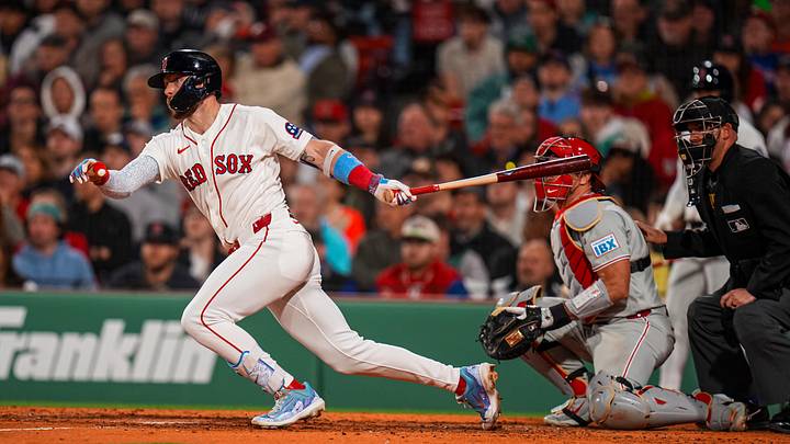 May 12, 2026; Boston, Massachusetts, USA; Boston Red Sox shortstop Trevor Story (10) hits a single against the Philadelphia Phillies in the seventh inning at Fenway Park. Mandatory Credit: David Butler II-Imagn Images May 12, 2026; Boston, Massachusetts, USA; Boston Red Sox shortstop Trevor Story (10) hits a single against the Philadelphia Phillies in the seventh inning at Fenway Park. Mandatory Credit: David Butler II-Imagn Images