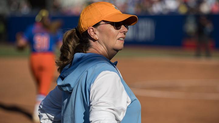May 30, 2025; Oklahoma City, OK, USA; Tennessee Lady Volunteers head coach Karen Weekly looks up in the stands in the first inning against the Florida Gators during the NCAA Softball Women's College World Series at Devon Park. Mandatory Credit: Brett Rojo-Imagn Images May 30, 2025; Oklahoma City, OK, USA; Tennessee Lady Volunteers head coach Karen Weekly looks up in the stands in the first inning against the Florida Gators during the NCAA Softball Women's College World Series at Devon Park. Mandatory Credit: Brett Rojo-Imagn Images