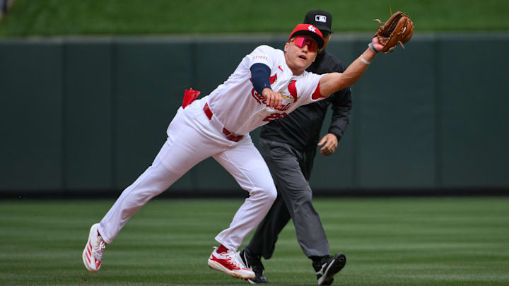 Apr 1, 2026; St. Louis, Missouri, USA; St. Louis Cardinals second baseman JJ Wetherholt (26) leaps and catches a line drive hit by New York Mets second baseman Jorge Polanco (not pictured) during the second inning at Busch Stadium. Mandatory Credit: Jeff Curry-Imagn Images