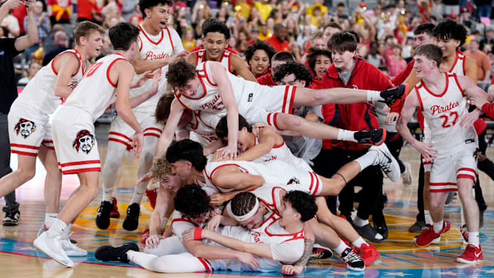Dale celebrates after the Class 2A boys basketball state championship game between Dale and Fairland at OG&E Coliseum in Oklahoma City, Saturday, March 14, 2026. Dale celebrates after the Class 2A boys basketball state championship game between Dale and Fairland at OG&E Coliseum in Oklahoma City, Saturday, March 14, 2026.
