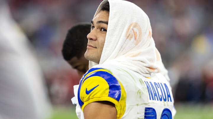 Dec 7, 2025; Glendale, Arizona, USA; Los Angeles Rams wide receiver Puka Nacua (12) against the Arizona Cardinals at State Farm Stadium.
