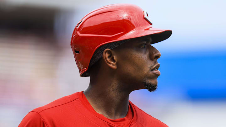 Aug 17, 2025; Cincinnati, Ohio, USA; Cincinnati Reds third baseman Ke'Bryan Hayes (3) walks off the field during a pitching change by the Milwaukee Brewers in the seventh inning at Great American Ball Park. Mandatory Credit: Katie Stratman-Imagn Images