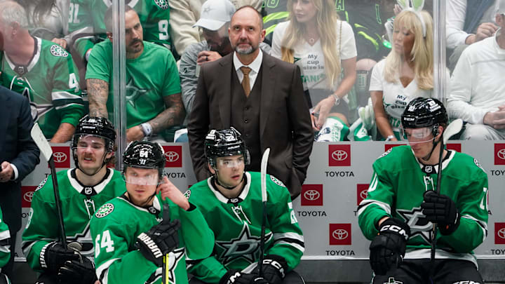 Apr 19, 2025; Dallas, Texas, USA; Dallas Stars head coach Peter DeBoer on the bench during the second period in game one of the first round of the 2025 Stanley Cup Playoffs against the Colorado Avalanche at American Airlines Center. Mandatory Credit: Raymond Carlin III-Imagn Images