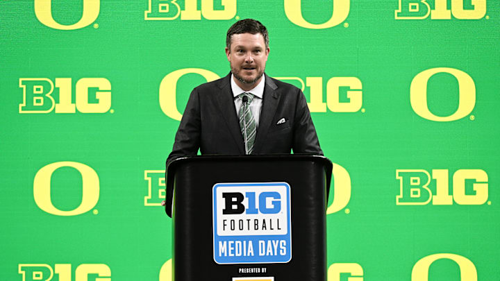 Jul 25, 2024; Indianapolis, IN, USA; Oregon Ducks head coach ??Dan Lanning speaks to the media during the Big 10 football media day at Lucas Oil Stadium. Mandatory Credit: Robert Goddin-USA TODAY Sports