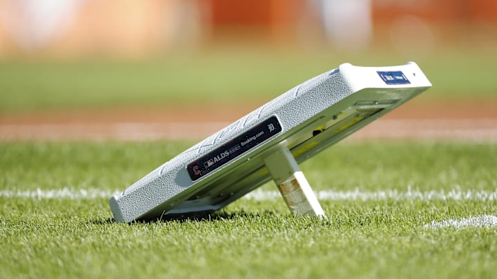 Oct 9, 2024; Detroit, Michigan, USA; General view of a base on the field prior to game three of the ALDS for the 2024 MLB Playoffs between the Cleveland Guardians and Detroit Tigers at Comerica Park.