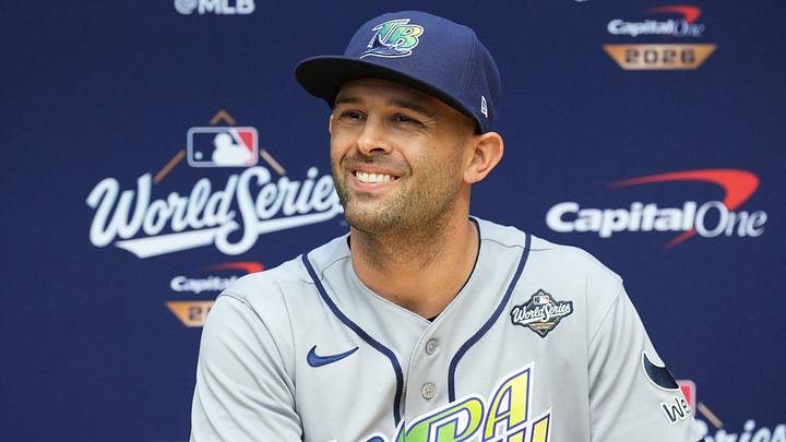 Oct 22, 2026: Tampa Bay Rays pitcher Nick Martinez (28) speaks during a press conference during a workout session before the 2026 World Series. Credit: Michael McLoone-Imagn Images