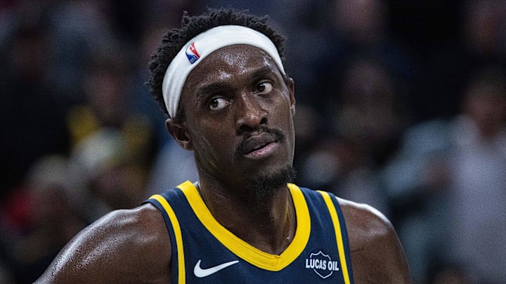 Indiana Pacers forward Pascal Siakam (43) looks on against the Charlotte Hornets at Gainbridge Fieldhouse. 