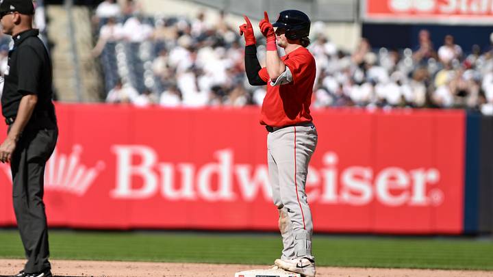 Aug 29, 2026; Bronx, New York, USA; Boston Red Sox catcher Adley Rutschman (31) reacts after hitting a single and advancing to second base on a row to third base during the ninth inning against the New York Yankees at Yankee Stadium. Mandatory Credit: John Jones-Imagn Images Aug 29, 2026; Bronx, New York, USA; Boston Red Sox catcher Adley Rutschman (31) reacts after hitting a single and advancing to second base on a row to third base during the ninth inning against the New York Yankees at Yankee Stadium. Mandatory Credit: John Jones-Imagn Images