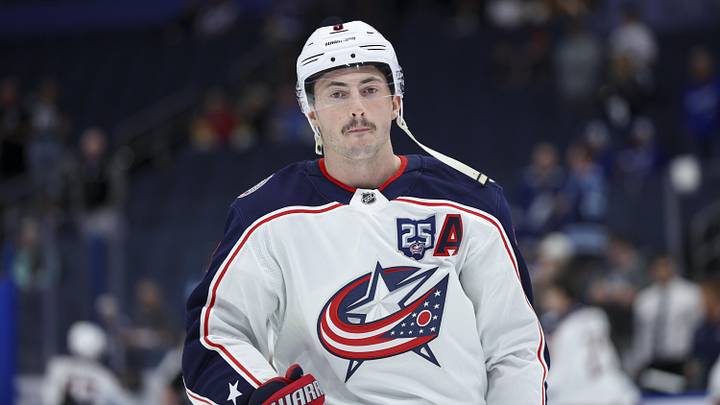 Mar 10, 2026; Tampa, Florida, USA; Columbus Blue Jackets defenseman Zach Werenski (8) warms up before a game against the before a game against the Tampa Bay Lightning at Benchmark International Arena. Mandatory Credit: Nathan Ray Seebeck-Imagn Images