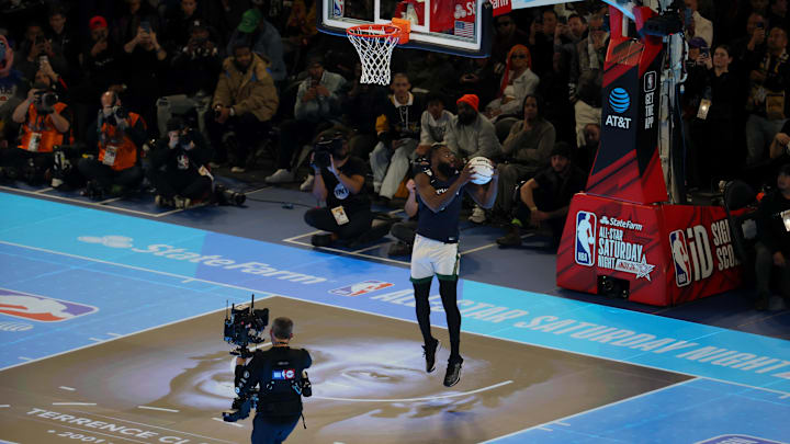 Feb 17, 2024; Indianapolis, IN, USA; Boston Celtics guard Jaylen Brown (7) competes in the AT&T