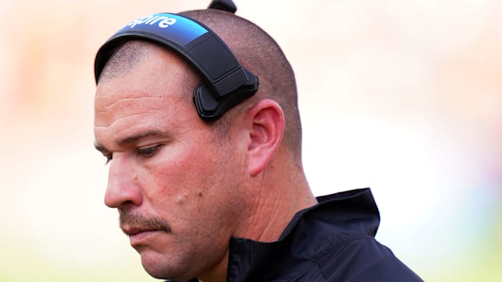 Oct 28, 2023; Auburn, Alabama, USA; Mississippi State Bulldogs head coach Zach Arnett paces the sidelines during the second quarter against the Auburn Tigers at Jordan-Hare Stadium. Mandatory Credit: John David Mercer-Imagn Images