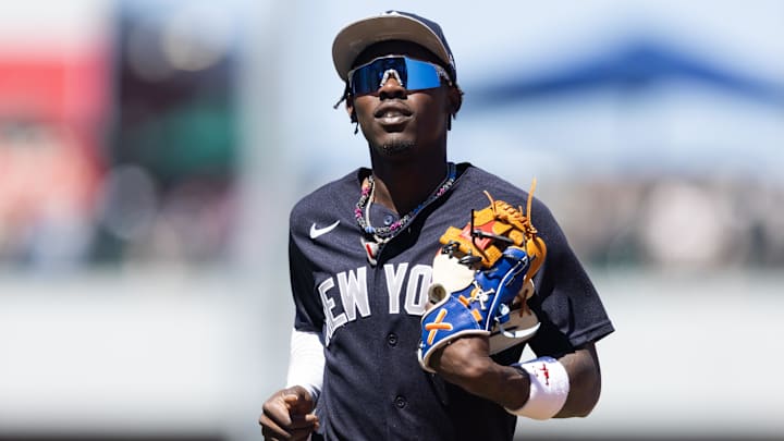 Mar 24, 2026; Mesa, Arizona, USA; New York Yankees second baseman Jazz Chisholm Jr. against the Chicago Cubs during spring training at Sloan Park. Mandatory Credit: Mark J. Rebilas-Imagn Images
