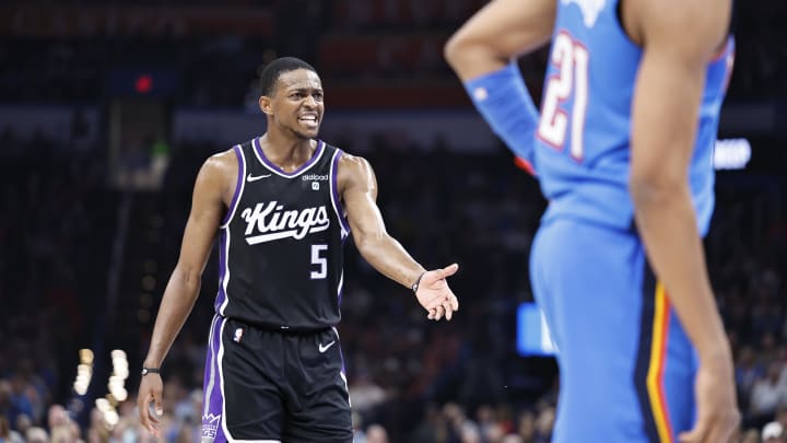 Apr 9, 2024; Oklahoma City, Oklahoma, USA; Sacramento Kings guard De'Aaron Fox (5) reacts to an officials call during the second half against the Oklahoma City Thunder at Paycom Center. Mandatory Credit: Alonzo Adams-USA TODAY Sports