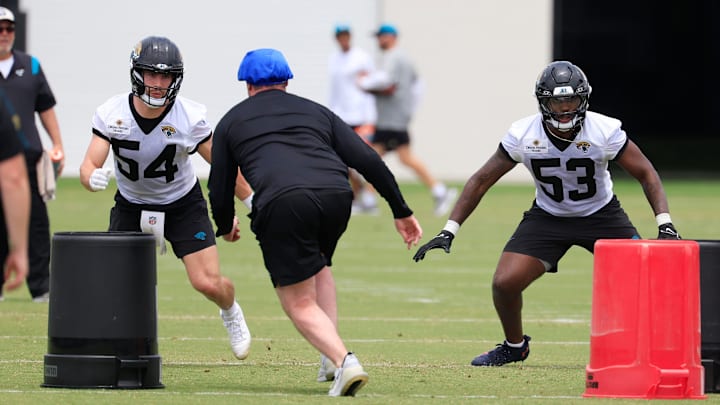 Jacksonville Jaguars linebacker Jack Kiser (54) and linebacker Jalen McLeod (53) runs drills during a rookie minicamp at Miller Electric Center Saturday, May 10, 2025 in Jacksonville, Fla. [Corey Perrine/Florida Times-Union]