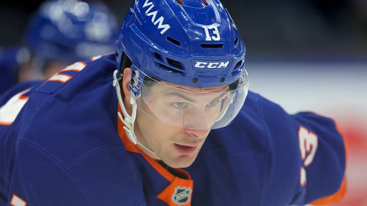 Mar 28, 2026; Elmont, New York, USA; New York Islanders center Mathew Barzal (13) skates against the Florida Panthers during the first period at UBS Arena. Mandatory Credit: Brad Penner-Imagn Images