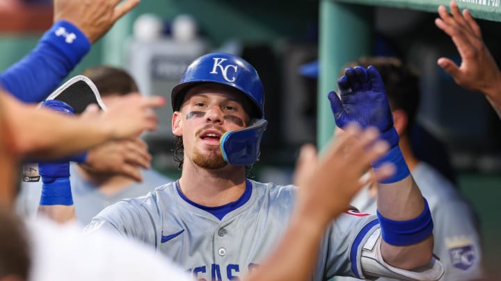 Jul 12, 2024; Boston, Massachusetts, USA; Kansas City Royals shortstop Bobby Witt Jr (7) celebrates after hitting a home run during the fourth inning against the Boston Red Sox at Fenway Park. Mandatory Credit: Paul Rutherford-USA TODAY Sports