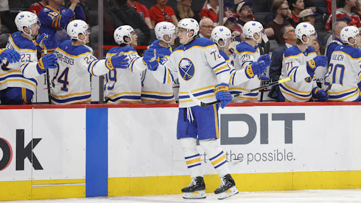 Mar 30, 2025; Washington, District of Columbia, USA; Buffalo Sabres center Tage Thompson (72) celebrates with teammates on the bench after scoring a goal against the Washington Capitals during the third period at Capital One Arena. Mandatory Credit: Amber Searls-Imagn Images