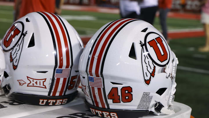 A general view of the helmet worn by the Utah Utes in the game against the Southern Utah Thunderbirds at Rice-Eccles Stadium.
