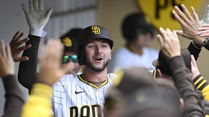 Apr 2, 2025; San Diego, California, USA; San Diego Padres center fielder Jackson Merrill (3) celebrates after hitting a two-run home run during the fourth inning the Cleveland Guardians at Petco Park. Mandatory Credit: Denis Poroy-Imagn Images