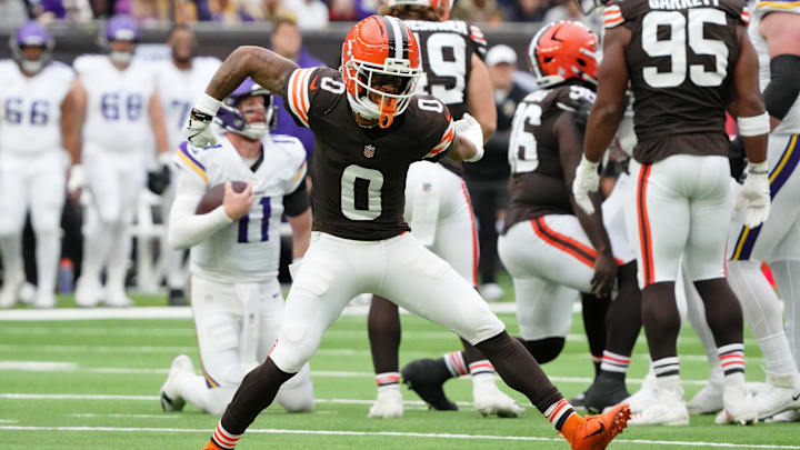 Oct 5, 2025; Tottenham, United Kingdom; Cleveland Browns cornerback Greg Newsome II (0) celebrates after a play against the Minnesota Vikings during the fourth quarter of an NFL International Series game at Tottenham Hotspur Stadium. Mandatory Credit: Kirby Lee-Imagn Images