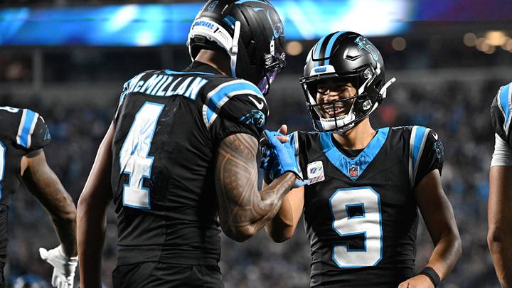 Oct 4, 2026; Charlotte, North Carolina, USA; Carolina Panthers wide receiver Tetairoa McMillan (4) celebrates with quarterback Bryce Young (9) after scoring a touchdown against the Detroit Lions during the third quarter at Bank of America Stadium. Mandatory Credit: Bob Donnan-Imagn Images Oct 4, 2026; Charlotte, North Carolina, USA; Carolina Panthers wide receiver Tetairoa McMillan (4) celebrates with quarterback Bryce Young (9) after scoring a touchdown against the Detroit Lions during the third quarter at Bank of America Stadium. Mandatory Credit: Bob Donnan-Imagn Images