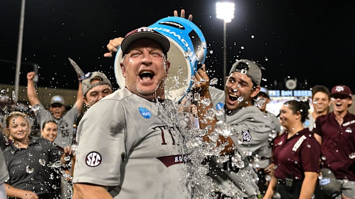 Jun 9, 2024; College Station, TX, USA; Texas A&M head coach Jim Schlossnagle celebrates after sweeping Oregon in the Bryan-College Station Super Regional series at Olsen Field, Blue Bell Park Mandatory Credit: Maria Lysaker-Imagn Images