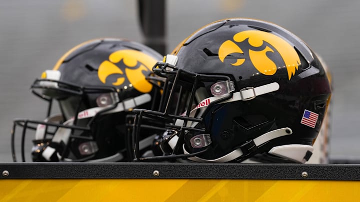 Oct 14, 2023; Madison, Wisconsin, USA;  General view of Iowa Hawkeyes helmets prior to the game against the Wisconsin Badgers at Camp Randall Stadium.