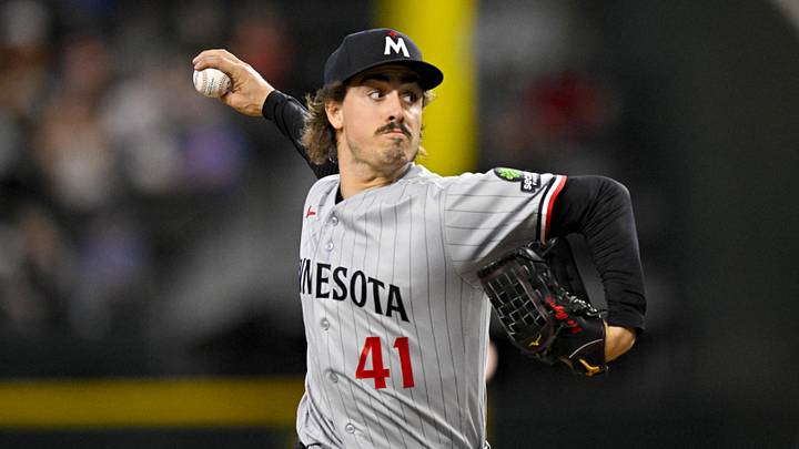 Jun 18, 2026; Arlington, Texas, USA; Minnesota Twins starting pitcher Joe Ryan (41) pitches against the Texas Rangers during the third inning at Globe Life Field. Mandatory Credit: Jerome Miron-Imagn Images