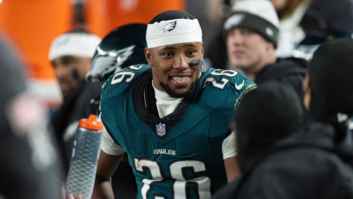 Nov 14, 2024; Philadelphia, Pennsylvania, USA; Philadelphia Eagles running back Saquon Barkley (26) during the fourth quarter against the Washington Commanders at Lincoln Financial Field. Mandatory Credit: Bill Streicher-Imagn Images