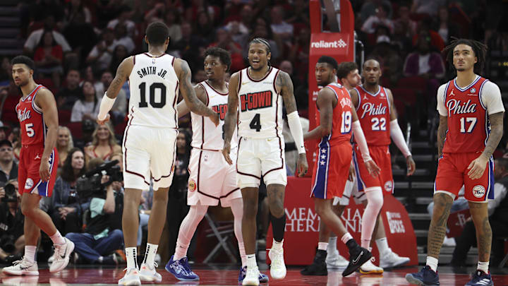 Mar 17, 2025; Houston, Texas, USA; Houston Rockets guard Jalen Green (4) reacts with forward Jabari Smith Jr. (10) after a play during overtime against the Philadelphia 76ers at Toyota Center. Mandatory Credit: Troy Taormina-Imagn Images Mar 17, 2025; Houston, Texas, USA; Houston Rockets guard Jalen Green (4) reacts with forward Jabari Smith Jr. (10) after a play during overtime against the Philadelphia 76ers at Toyota Center. Mandatory Credit: Troy Taormina-Imagn Images