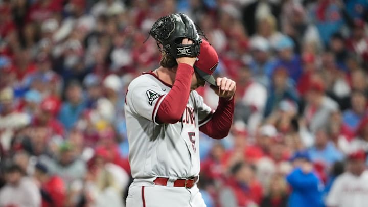 Arizona Diamondbacks relief pitcher Andrew Saalfrank (57) walks out of the game during the eighth inning against the Philadelphia Phillies in game seven of the NLCS at Citizens Bank Park in Philadelphia on Oct. 24, 2023.