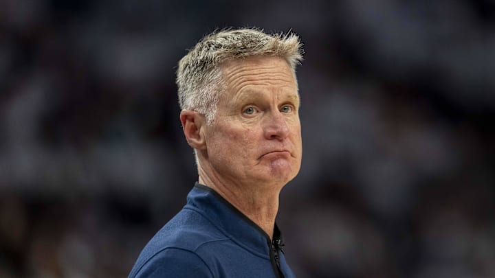 May 14, 2025; Minneapolis, Minnesota, USA; Golden State Warriors head coach Steve Kerr looks on against the Minnesota Timberwolves in the second half during game five of the second round for the 2025 NBA Playoffs at Target Center. Mandatory Credit: Jesse Johnson-Imagn Images