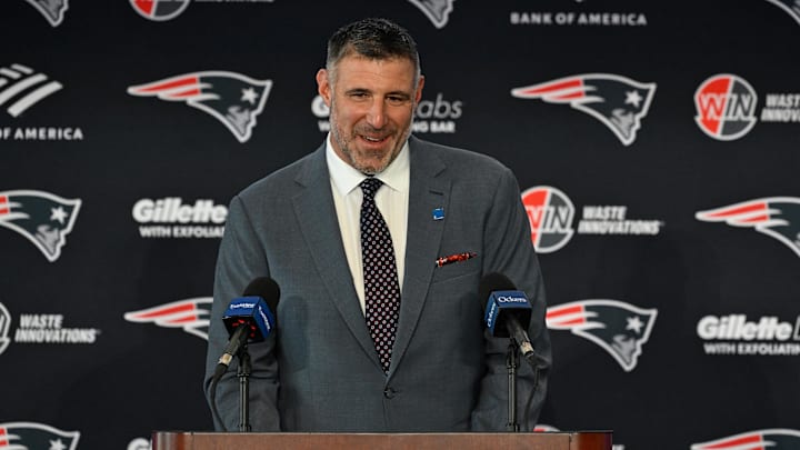Jan 13, 2025; Foxborough, MA, USA; Mike Vrabel addresses media at a press conference to announce his hiring as the new head coach of the New England Patriots at Gillette Stadium.