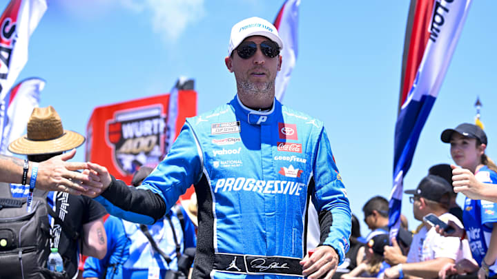 May 4, 2025; Fort Worth, Texas, USA; NASCAR Cup Series driver Denny Hamlin (11) is introduced before the start of the Wurth 400 race at Texas Motor Speedway. Mandatory Credit: Jerome Miron-Imagn Images May 4, 2025; Fort Worth, Texas, USA; NASCAR Cup Series driver Denny Hamlin (11) is introduced before the start of the Wurth 400 race at Texas Motor Speedway. Mandatory Credit: Jerome Miron-Imagn Images
