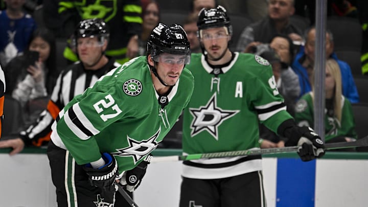 Dec 18, 2024; Dallas, Texas, USA; Dallas Stars left wing Mason Marchment (27) skates off the ice after being checked by the Toronto Maple Leafs during the second period at the American Airlines Center. Mandatory Credit: Jerome Miron-Imagn Images