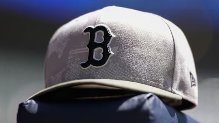 May 26, 2025; Milwaukee, Wisconsin, USA;  General view of a Boston Red Sox hat during warmups prior the game against the Milwaukee Brewers at American Family Field. Mandatory Credit: Jeff Hanisch-Imagn Images