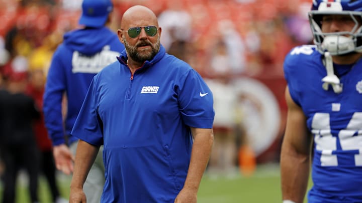 Sep 7, 2025; Landover, Maryland, USA; New York Giants head coach Brian Daboll looks on during warmups before the game against the Washington Commanders at Northwest Stadium. Mandatory Credit: Amber Searls-Imagn Images Sep 7, 2025; Landover, Maryland, USA; New York Giants head coach Brian Daboll looks on during warmups before the game against the Washington Commanders at Northwest Stadium. Mandatory Credit: Amber Searls-Imagn Images
