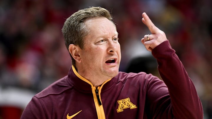 Mar 4, 2026; Bloomington, Indiana, USA; Minnesota Golden Gophers head coach Niko Medved reacts after a play against the Indiana Hoosiers during the second half at Simon Skjodt Assembly Hall. Mandatory Credit: Robert Goddin-Imagn Images