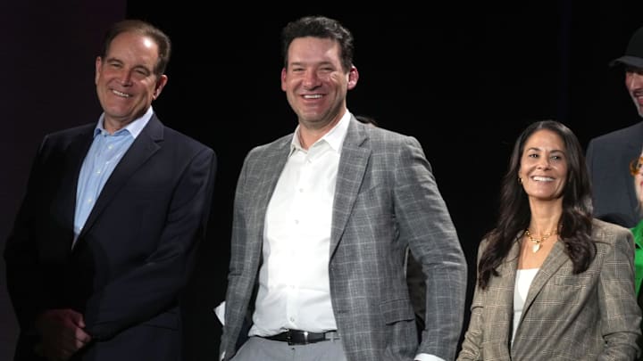 CBS Sports play-by-play announcer Jim Nantz, analyst Tony Romo and sideline reporter Tracy Wolfson