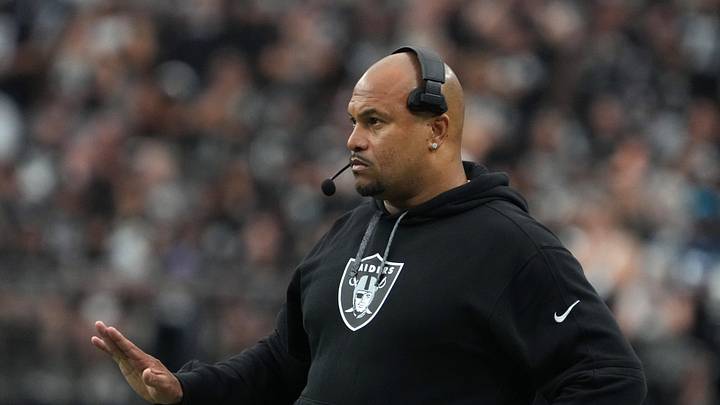 Sep 22, 2024; Paradise, Nevada, USA; Las Vegas Raiders reacts against the Carolina Panthers in the first half at Allegiant Stadium. Mandatory Credit: Kirby Lee-Imagn Images