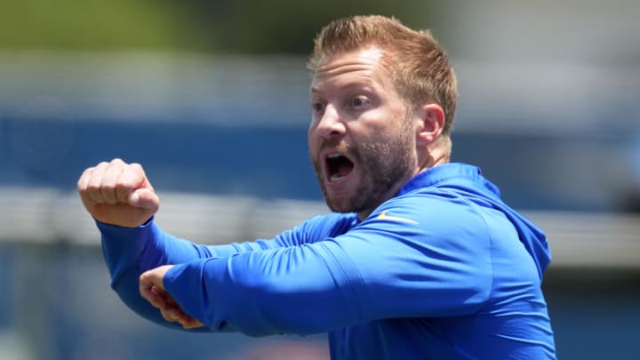 May 21, 2024, Thousand Oaks, California, USA; Los Angeles Rams coach Sean McVay reacts during organized team activities at Cal Lutheran University. Mandatory Credit: Kirby Lee-USA TODAY Sports May 21, 2024, Thousand Oaks, California, USA; Los Angeles Rams coach Sean McVay reacts during organized team activities at Cal Lutheran University. Mandatory Credit: Kirby Lee-USA TODAY Sports