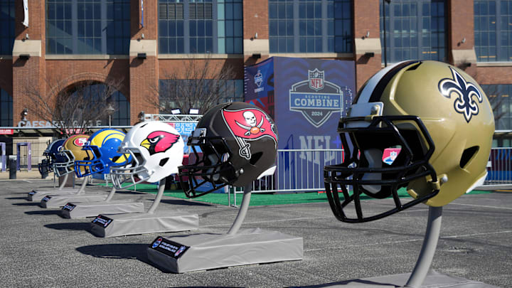 Feb 28, 2024; Indianapolis, IN, USA; A general view of large New Orleans Saints and Tampa Bay Buccaneers helmets at the NFL Scouting Combine Experience at Lucas Oil Stadium. Mandatory Credit: Kirby Lee-Imagn Images
