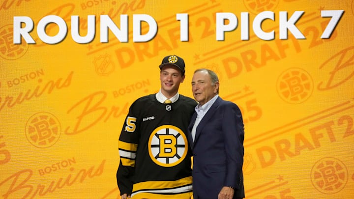 Jun 27, 2025; Los Angeles, California, USA; James Hagens is selected as the seventh overall pick to the Boston Bruins in the first round of the 2025 NHL Draft at Peacock Theater. Mandatory Credit: Kirby Lee-Imagn Images